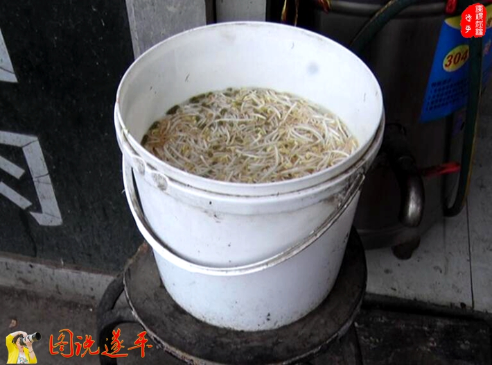 圖為:某小吃店的綠豆芽泡在用過的涂料桶內。
